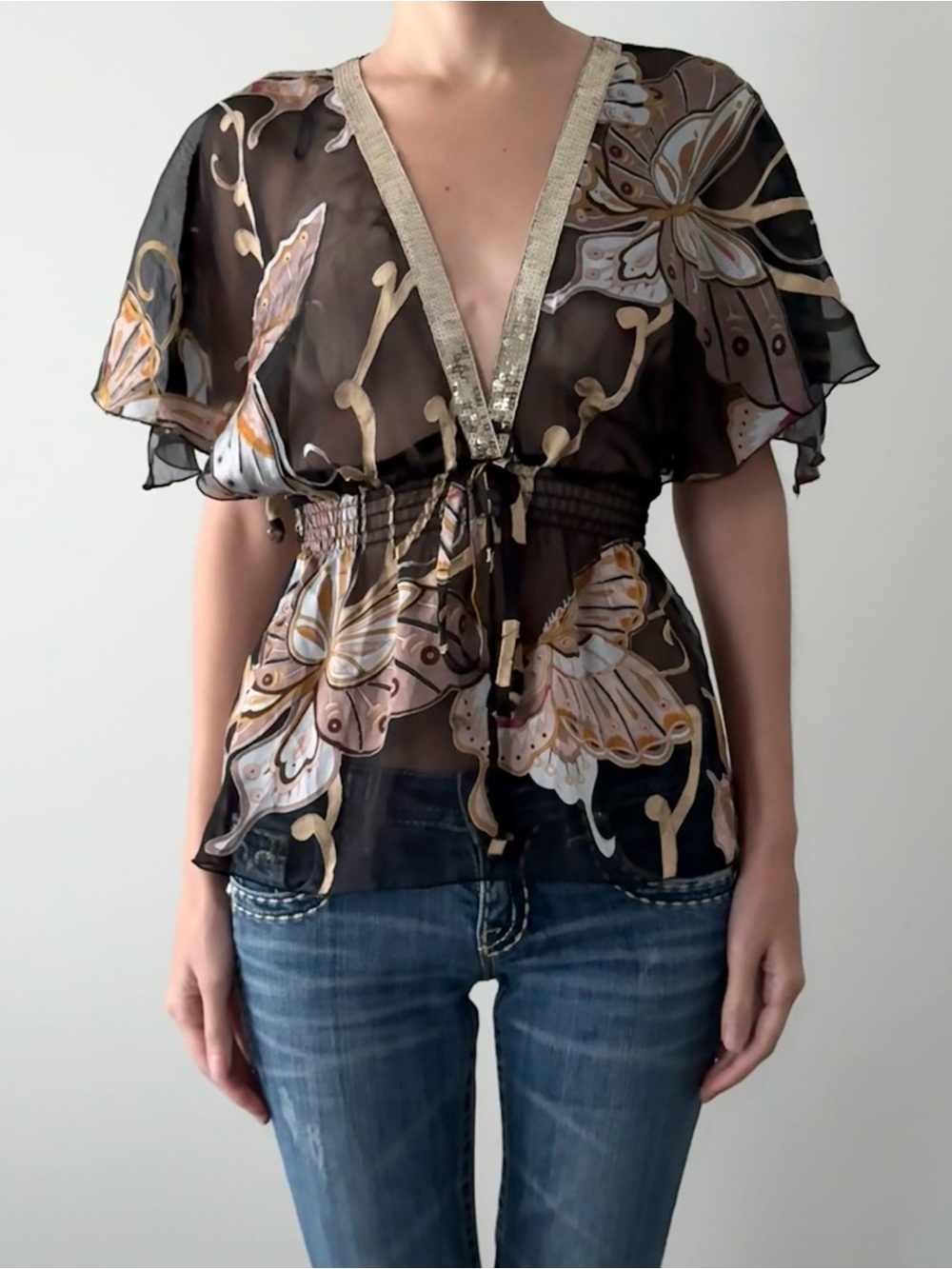 Vintage Y2K black butterfly batwing style blouse
